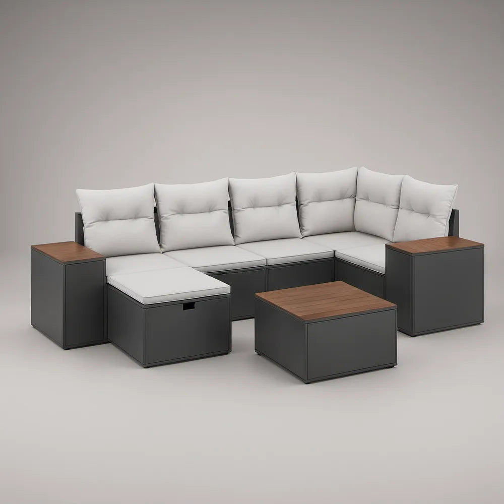 7-Piece Outdoor Sectional Seating Set with Storage Tables and Coffee Table, 115.7 x 78.7 x 32.3 in, Dark Gray/Light Gray/Brown