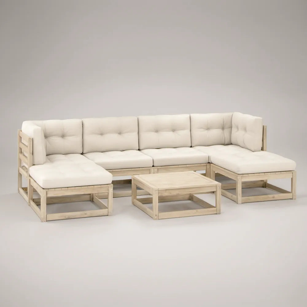7-Piece Outdoor Bamboo Modular Sectional with Coffee Table, Natural/Cream, 292 x 140 x 70 cm