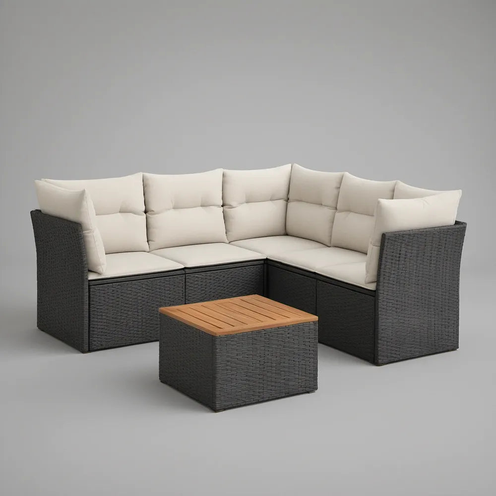 4-Piece Outdoor Patio Corner Sofa Set with Coffee Table, 220 x 220 x 85 cm, Black, Cream and Natural Brown