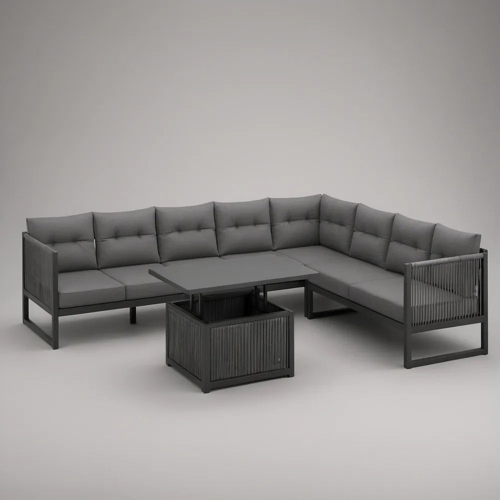 Outdoor 6-Seat L-Shaped Aluminum Sectional Set with Table, Dark Gray/Gray, 110.2 x 86.6 x 28.3 in