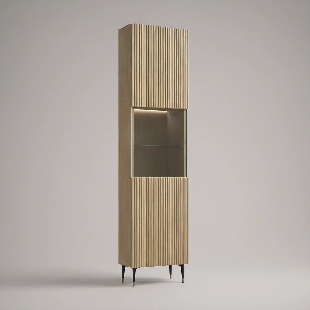 Light Oak Fluted MDF Display Cabinet with Tempered Glass Shelf and LED Lighting, 23.6 x 15.7 x 78.7 in