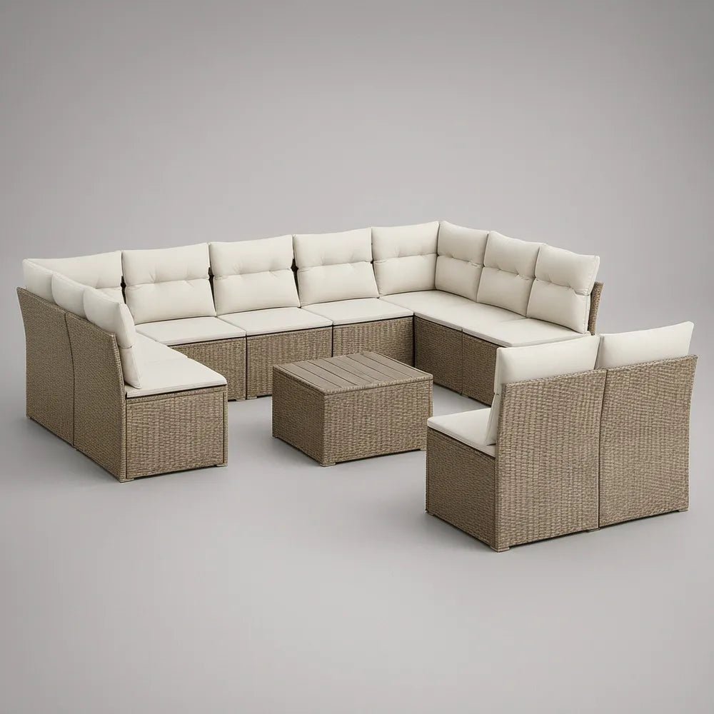 7-Piece Patio Wicker Conversation Set with Curved Sectional, Armchair and Coffee Table, Taupe/Ivory, 305 x 82 x 78 cm