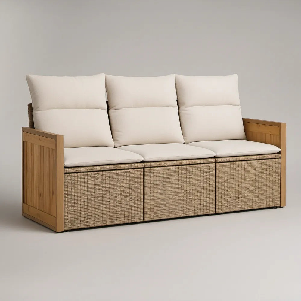 3-Seat Outdoor Acacia Wood and PE Rattan Sofa, 210 x 75 x 85 cm, Natural Brown/Beige