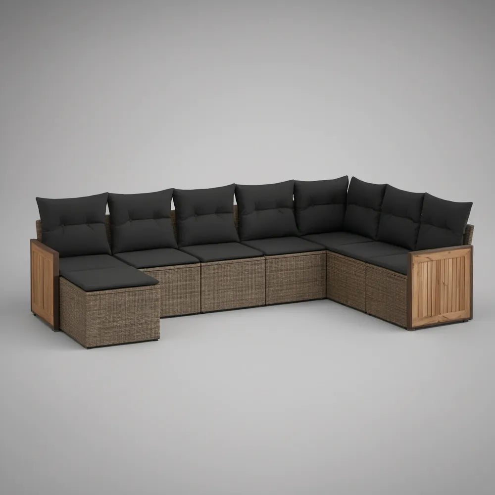 7-Piece Outdoor L-Shaped Sectional Sofa Set, 124 x 84 x 32 in, Black/Brown/Natural