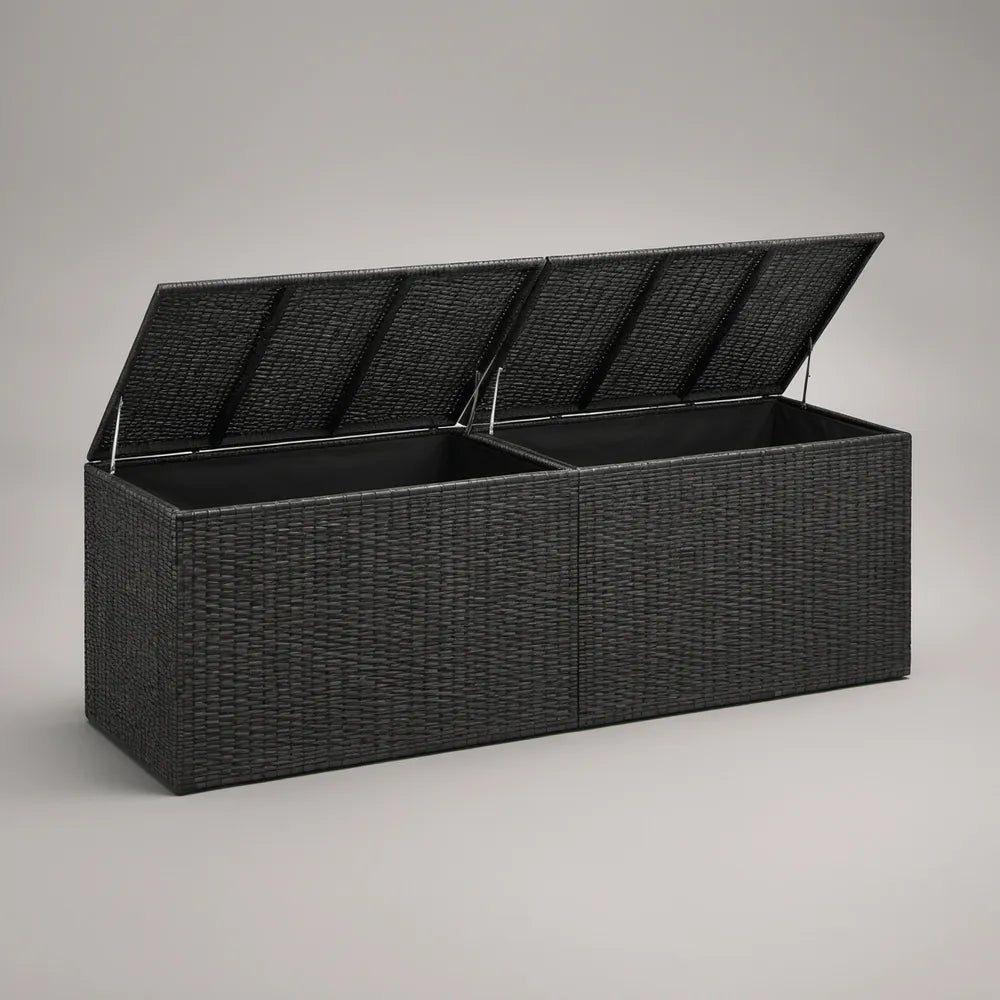 Black PE Rattan Storage Box with Steel Frame, 59.1 x 19.7 x 23.6 in