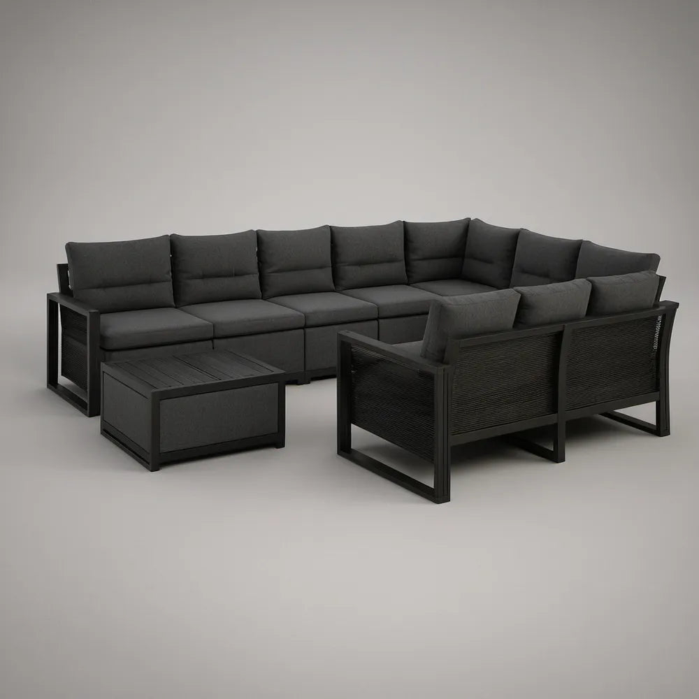 7-Piece Outdoor Patio Seating Set with Coffee Table and Armchair, Black Aluminum Frame, Dark Gray Cushions, 129.9 x 102.4 x 31.5 in