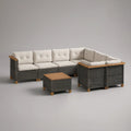 Outdoor L-Shaped Patio Sectional with Coffee Table, PE Rattan and Acacia Wood, Dark Gray/Beige/Natural Brown, 260 x 195 x 70 cm