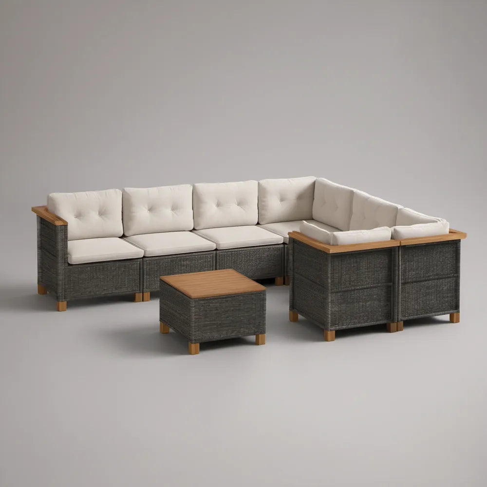 Outdoor L-Shaped Patio Sectional with Coffee Table, PE Rattan and Acacia Wood, Dark Gray/Beige/Natural Brown, 260 x 195 x 70 cm