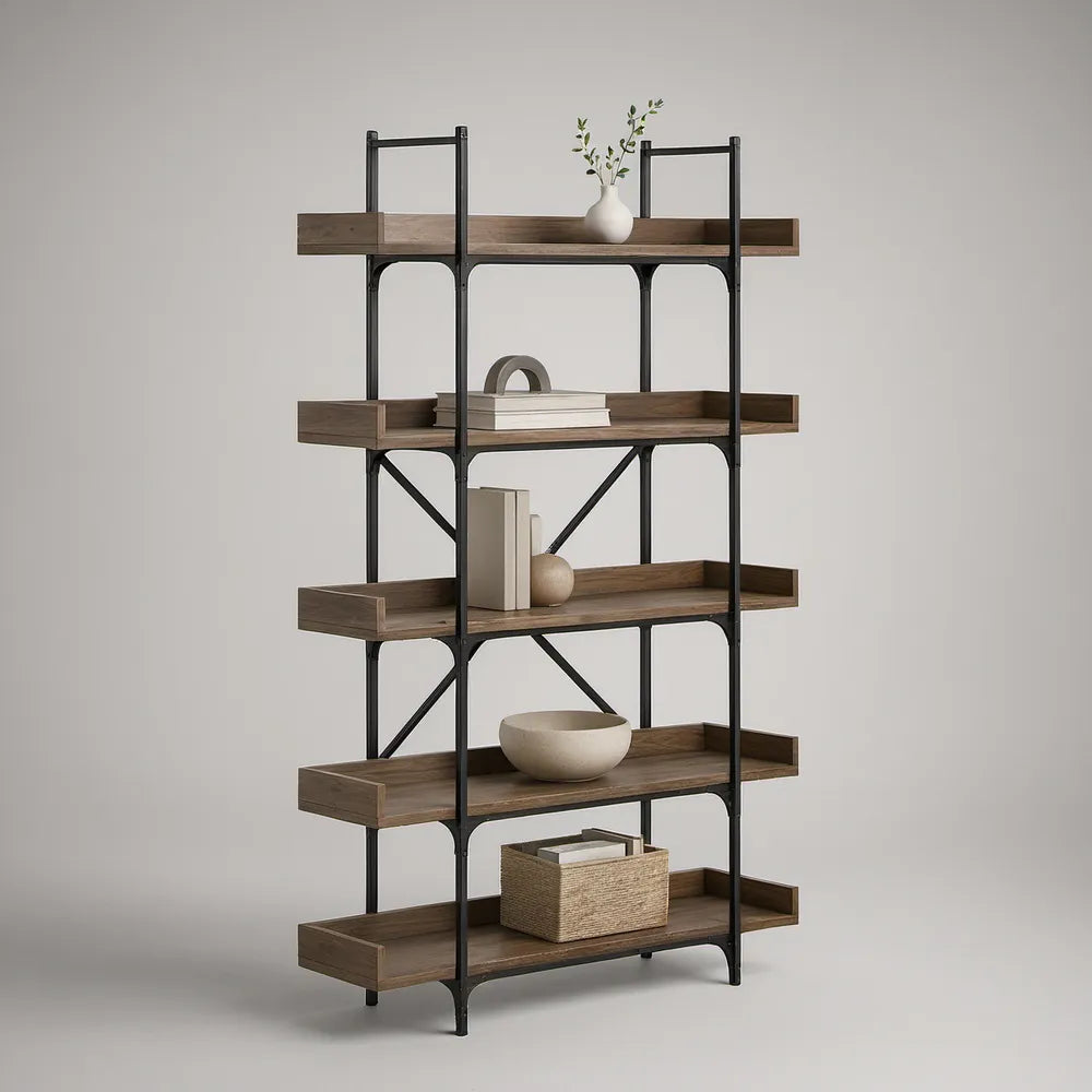 5-Tier Industrial Bookcase, Brown Engineered Wood and Black Steel Frame, 48 x 16 x 72 in