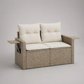 Beige/Cream 2-Seat PE Rattan Outdoor Garden Sofa with Fold-Down Side Tray, 150 x 75 x 88 cm