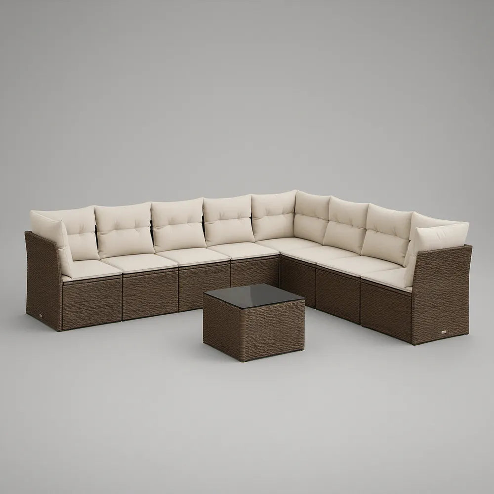 8-Piece Outdoor PE Rattan Sectional Sofa Set with Tempered Glass Coffee Table, Brown/Cream/Black, 281 x 210 x 85 cm