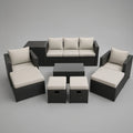 7-Piece Outdoor PE Rattan Patio Conversation Set with 3-Seat Sofa, Reclining Chairs, Tables and Ottomans, Black/Cream, Sofa 210 x 70 x 65 cm