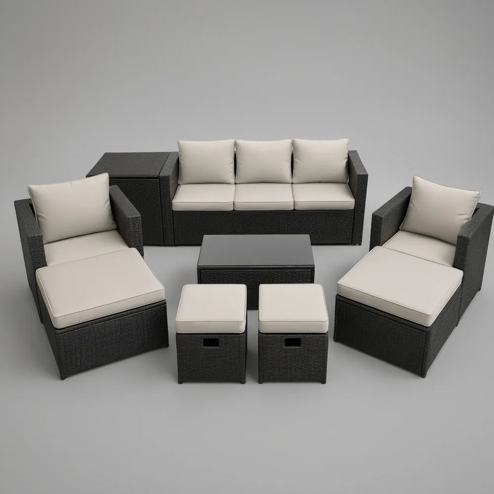 7-Piece Outdoor PE Rattan Patio Conversation Set with 3-Seat Sofa, Reclining Chairs, Tables and Ottomans, Black/Cream, Sofa 210 x 70 x 65 cm