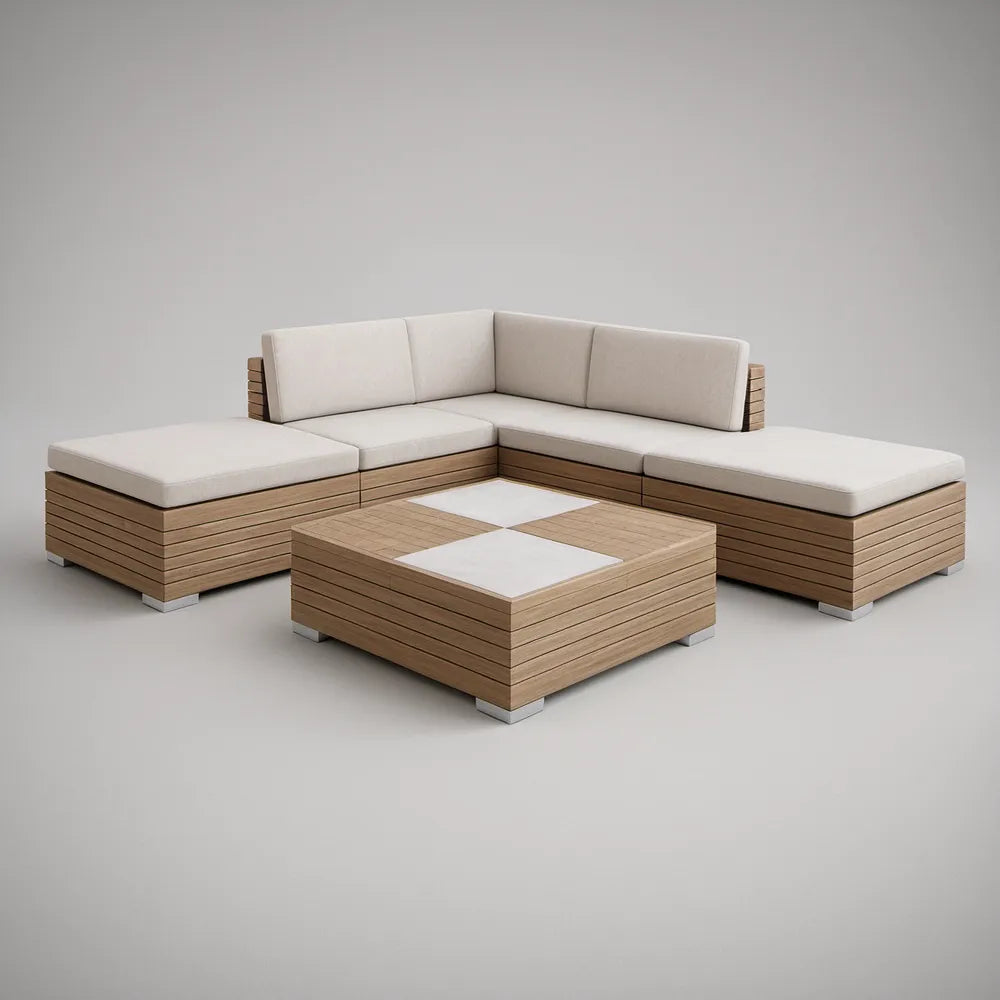 Solid Teak Wood L-Shaped Outdoor Sectional with Cream Cushions and Coffee Table, 102 x 102 x 31 in