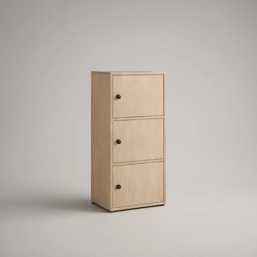 3-Door Storage Cabinet, Light Oak Engineered Wood with Black Knobs, 15.7 x 13.8 x 39.4 in