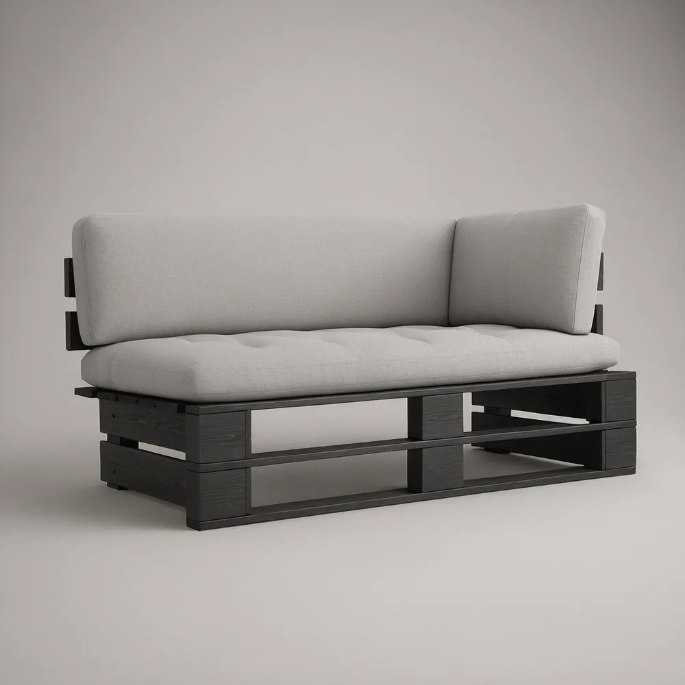 Outdoor 2-Seat Solid Acacia Wood Sofa with Light Gray Cushions, Black, 150 x 75 x 75 cm