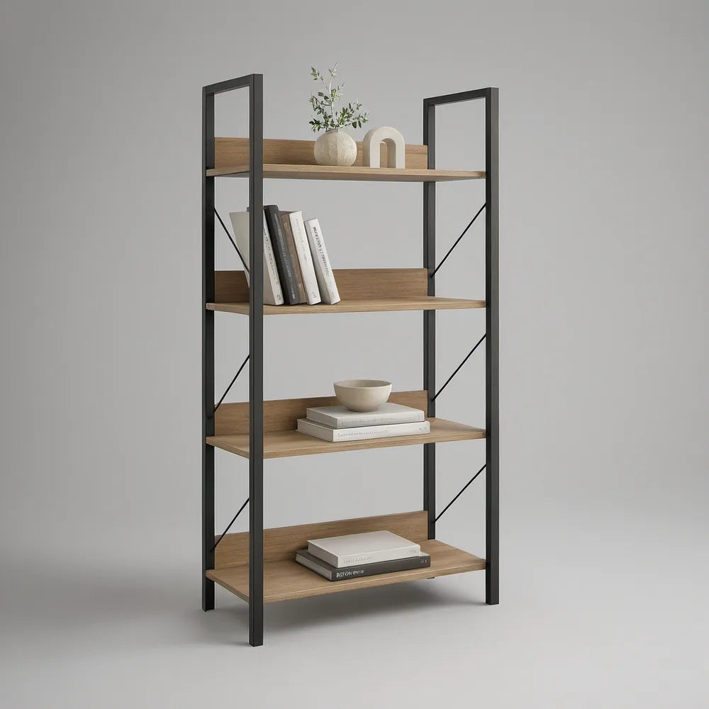 4-Tier Open Shelf Bookcase, 31.5 x 13.8 x 70.9 in, Brown and Black Particleboard and Steel