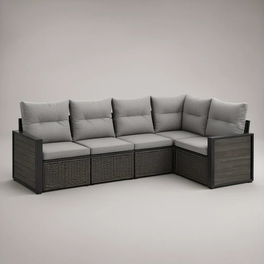 5-Piece Outdoor Corner Sectional Sofa Set, 118 x 118 x 32.3 in, Gray and Black