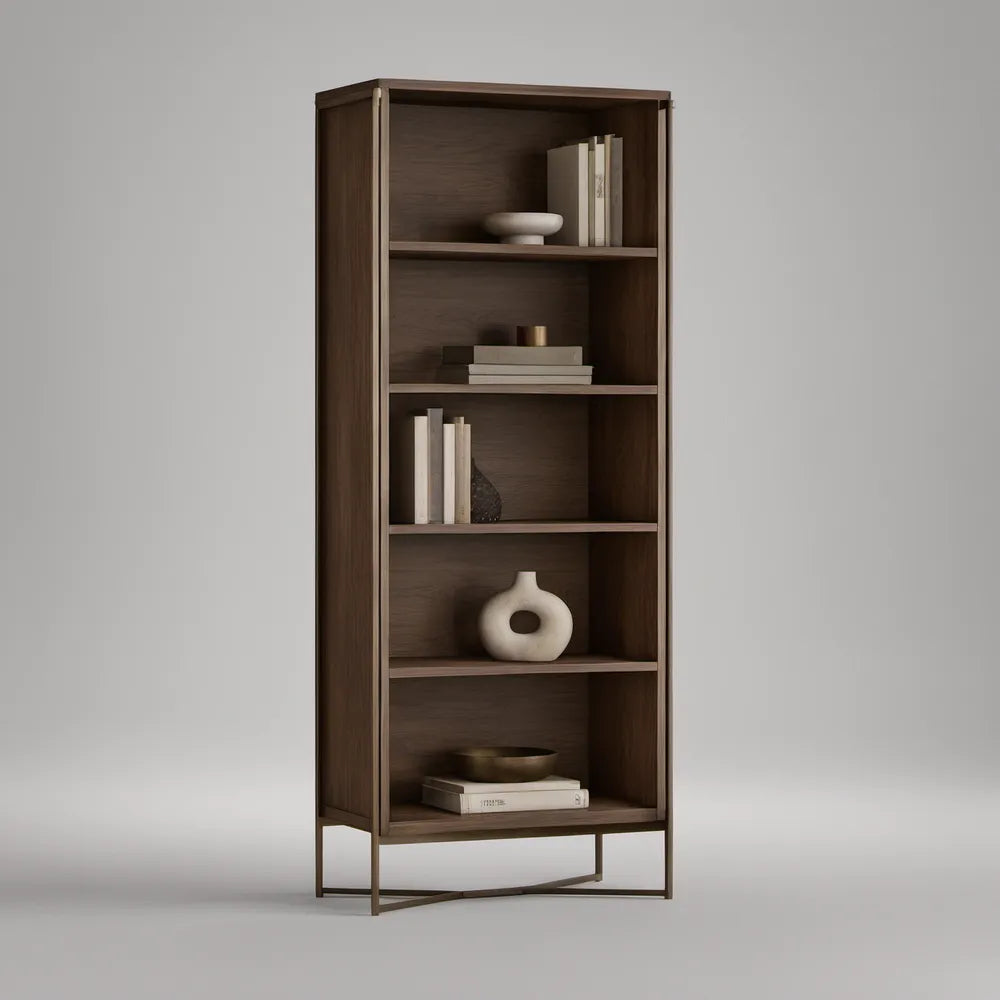 5-Tier Walnut Brown Engineered Wood Bookcase with Antique Brass Steel Frame, 31.5 x 15.7 x 78.7 in