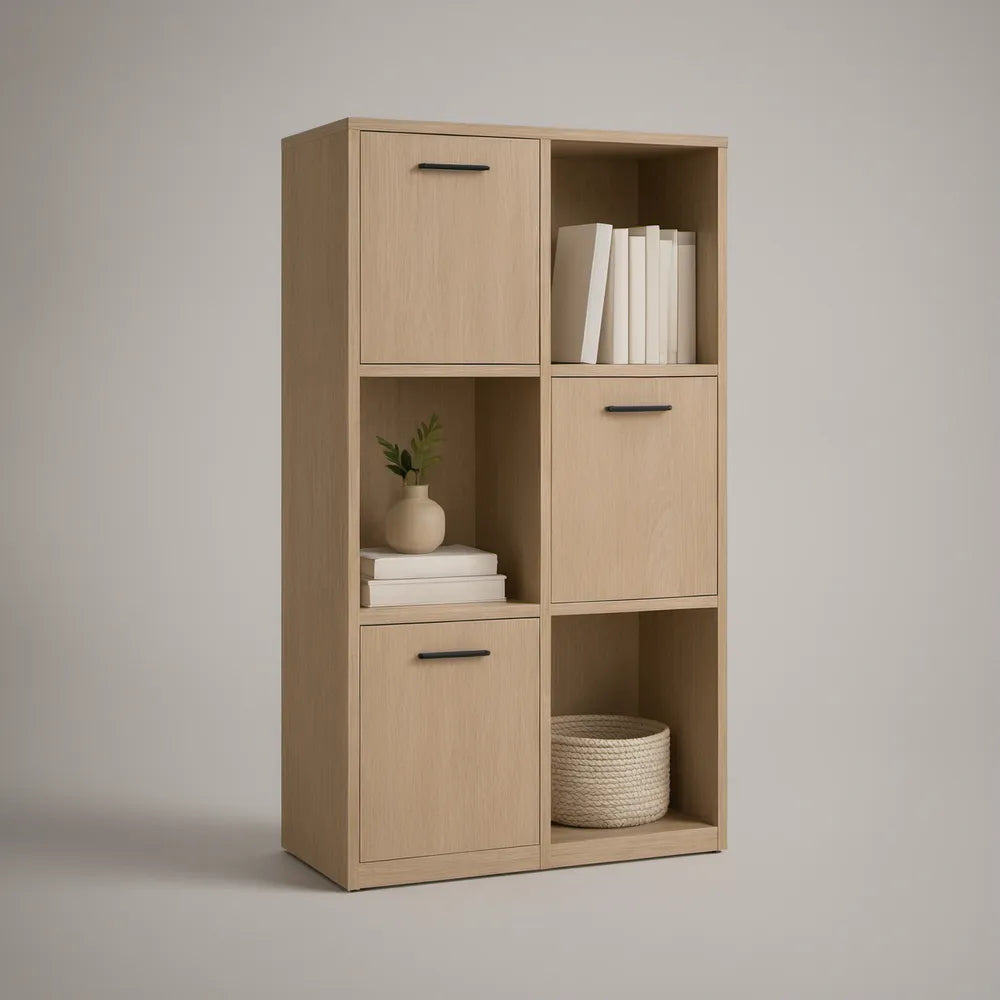 Light Oak Storage Cabinet with 3 Doors and Open Shelves, 31.5 x 15.7 x 70.9 in
