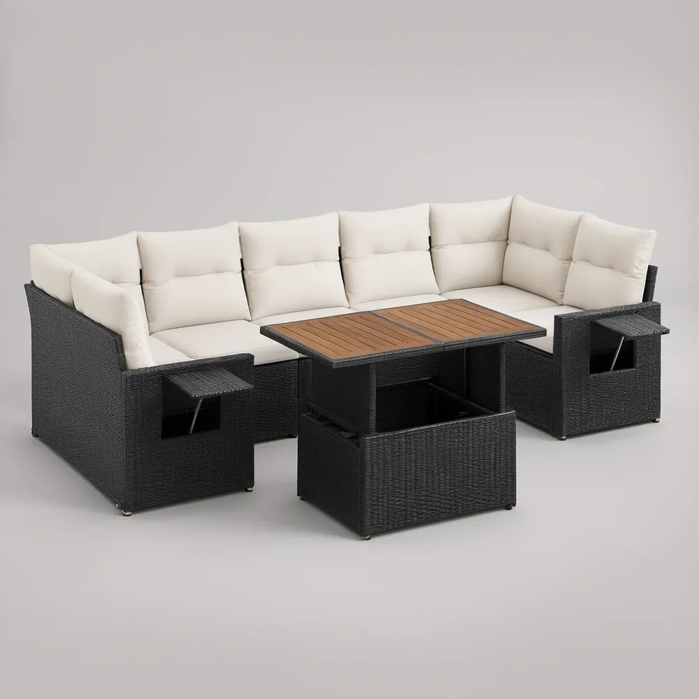 7-Piece Outdoor PE Rattan L-Shaped Sectional Set with Storage Table, 250 x 190 x 78 cm, Black/Cream/Brown