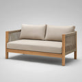 Outdoor 2-Seat Teak Wood Sofa with Taupe Rope Panels and Beige Polyester Cushions, 140 x 75 x 76 cm