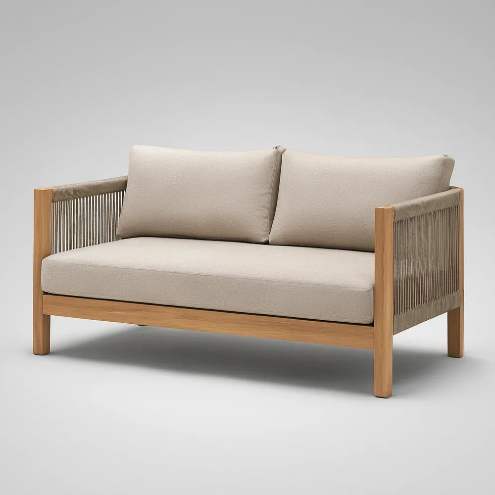 Outdoor 2-Seat Teak Wood Sofa with Taupe Rope Panels and Beige Polyester Cushions, 140 x 75 x 76 cm