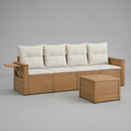 4-Seat Outdoor Acacia Wood Sectional with Folding Side Table and Square Table, Natural/Beige, 110.2 x 30.7 x 32.3 in