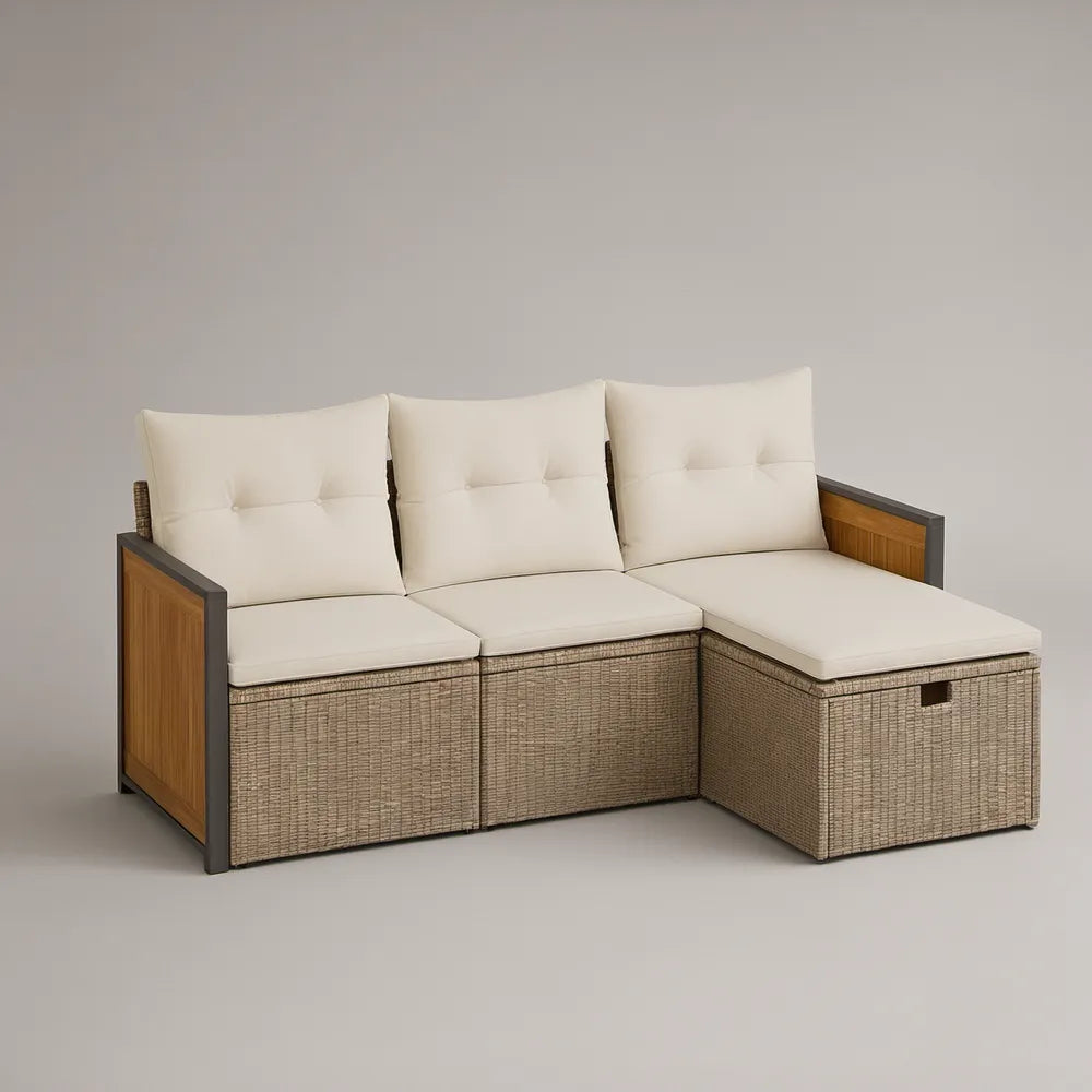 3-Piece Outdoor PE Rattan Sectional Sofa Set with Acacia Wood Panels, Beige/Brown/Black, 210 x 140 x 78 cm