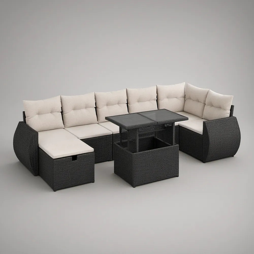 6-Piece Outdoor PE Rattan Corner Seating Set with Tempered Glass Table, Black/Cream, 260 x 200 x 78 cm
