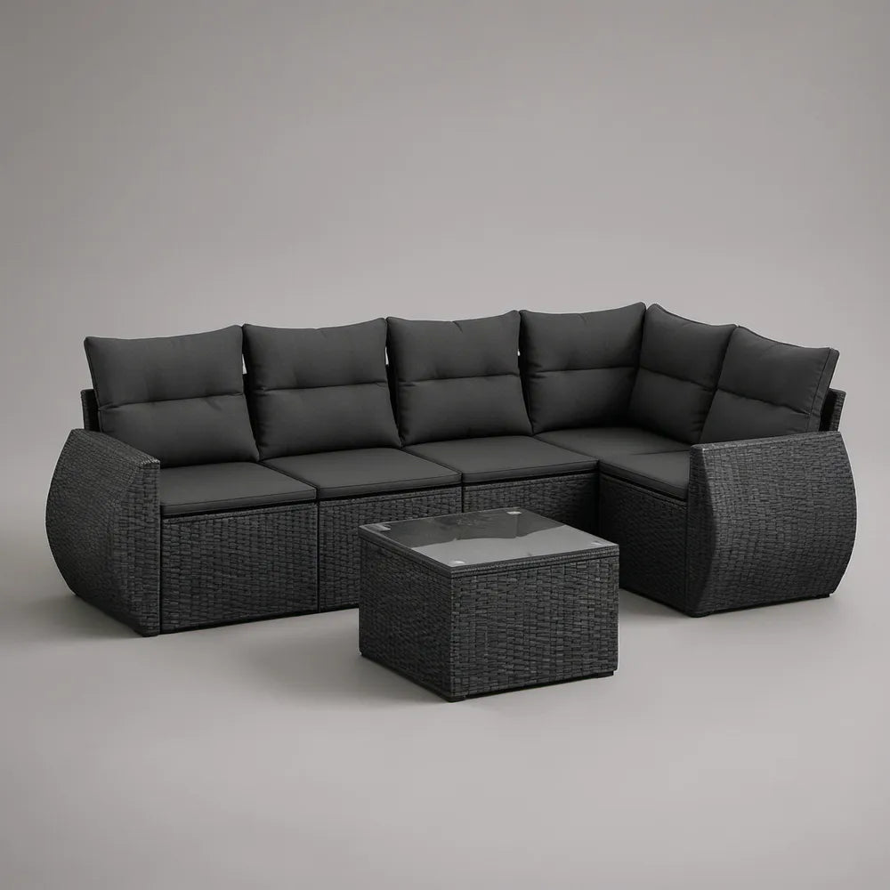 Outdoor 5-Seat Corner Sofa Set with Coffee Table, Black and Dark Gray, 255 x 195 x 85 cm