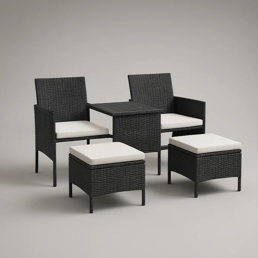 5-Piece Outdoor Patio Set with 2 Armchairs, 2 Ottomans and Square Table, Black/Cream, Armchairs 26 x 27.2 x 33.1 in
