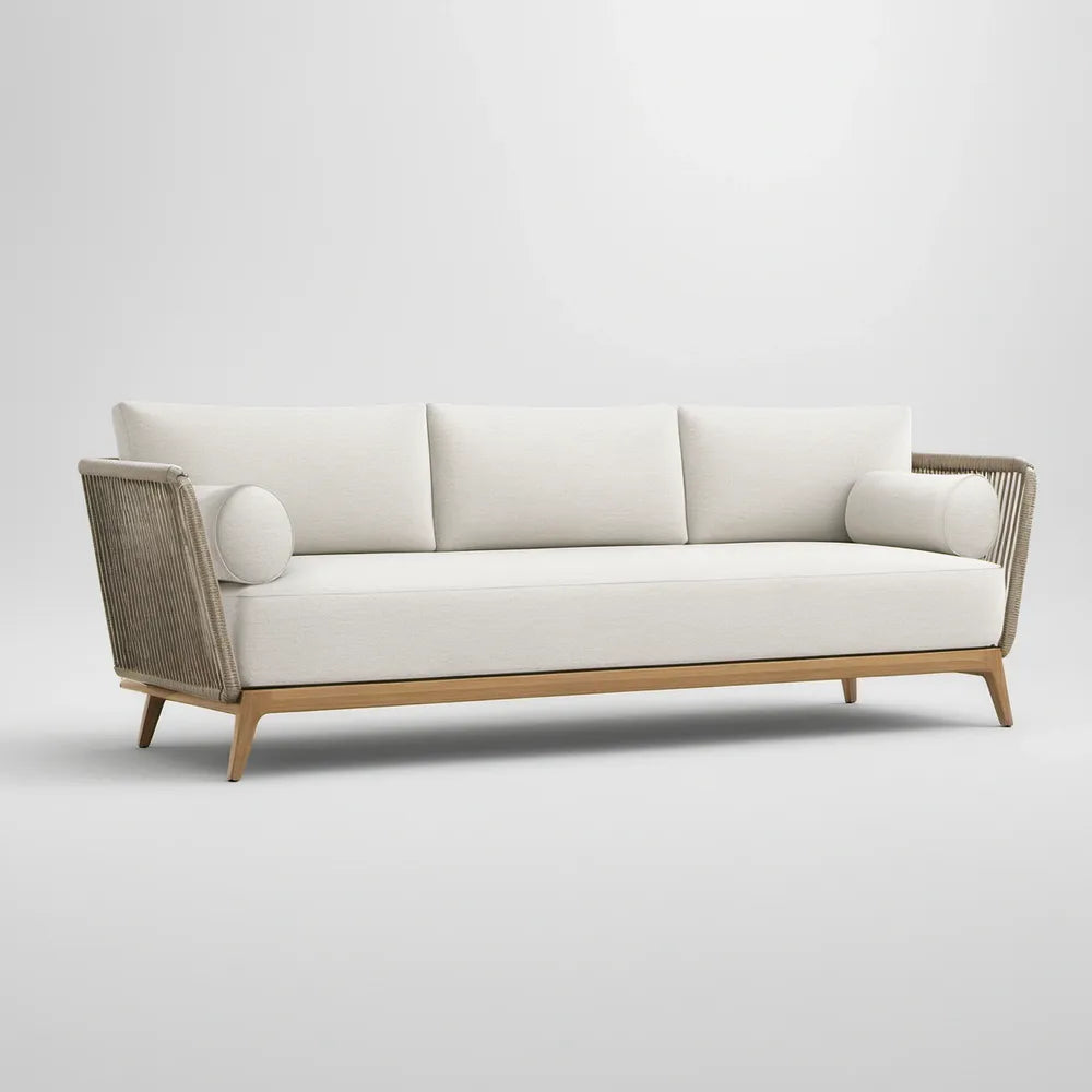 3-Seat Outdoor Sofa, 83.1 x 31.5 x 30.7 in, Solid Acacia Wood and Rope, Ivory/Natural Brown/Taupe