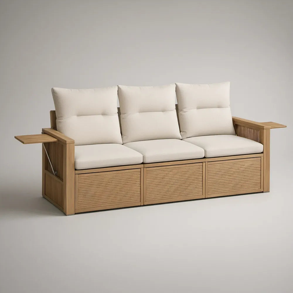 3-Seat Outdoor Acacia Wood Storage Sofa with Beige Cushions and Fold-Down Side Tray, 84.6 x 31.5 x 33.5 in